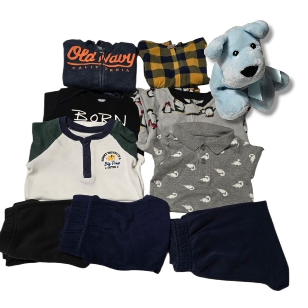 18-24M Boys Onsies, Sweaters, Sweatpants, Footie & Plush Dog Bundle - 10 Items